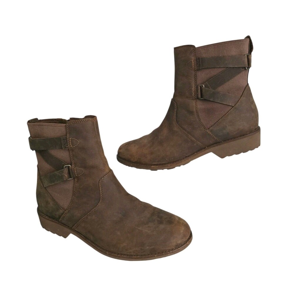 Teva Ellery Ankle Boots Womens Size 9.5 Brown Leather Zip Up Water Repellent